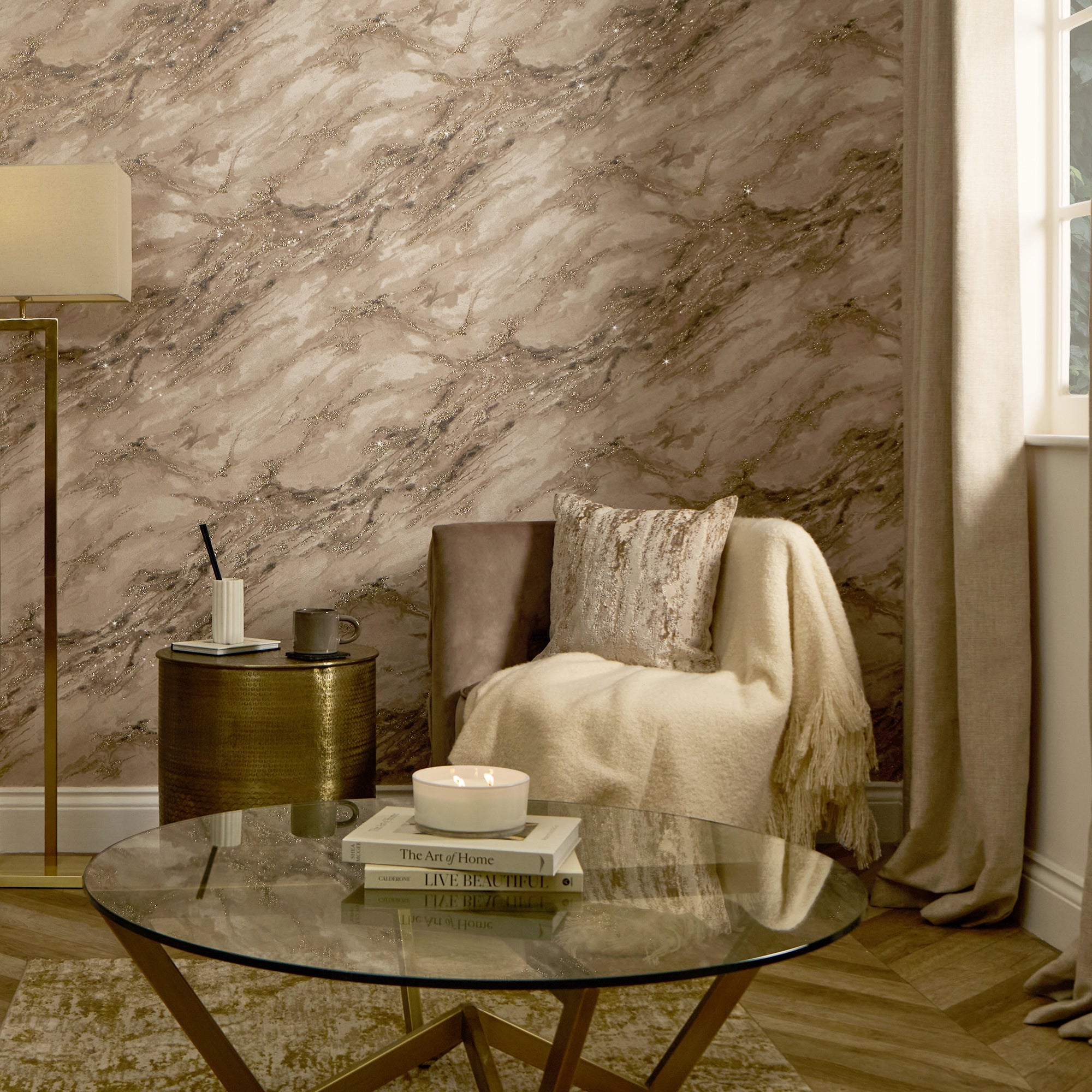 Luxury gold damask wallpaper installation